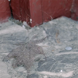 Still from In Passing, consisting of a dry leaf fading into pixellized static.
